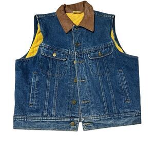 Vintage Rare Denim Vest with Leather Collar Quilted Lining  Western M